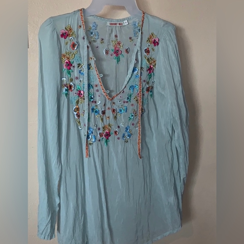 Johnny Was Embroidered Floral Light Turquoise Top